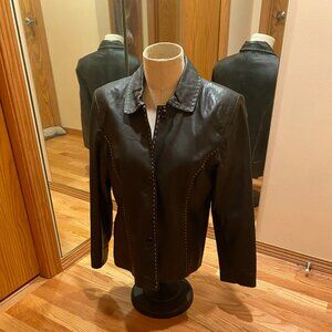 Black leather Style & Co jacket with white stitching.  Medium